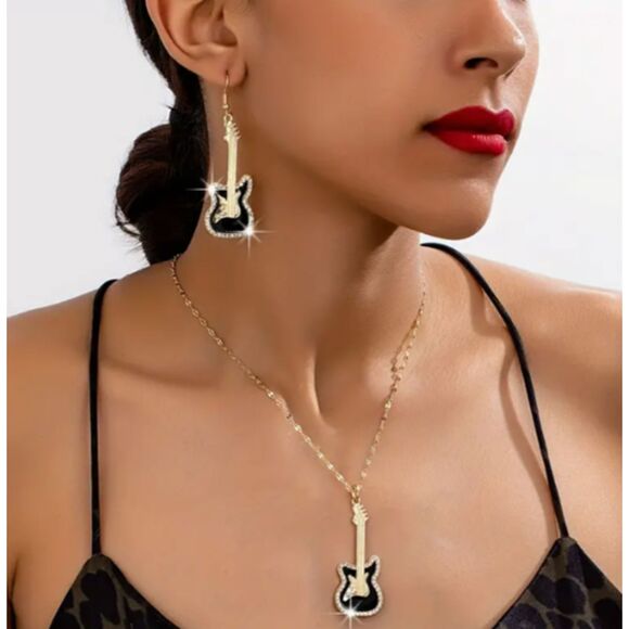 Gold Black Electric Guitar Necklace Dangle Earrings Set - Picture 2 of 5
